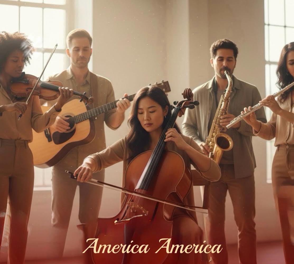 Group of musicians playing instruments in a bright room with 'America America' text.