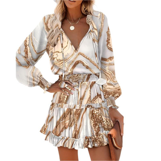 Patchwork Puff Sleeve Waist Dresses