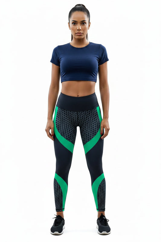 A collage of images showcasing women's fitness slim tights in various solid colors and geometric patterns.