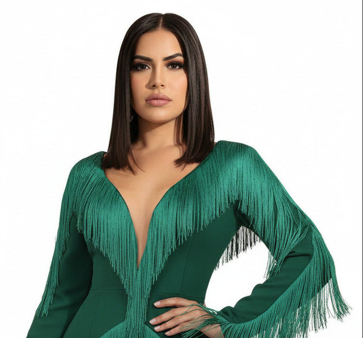 Woman wearing mesh fringe long sleeve high-waist party dress with a white background-TTP