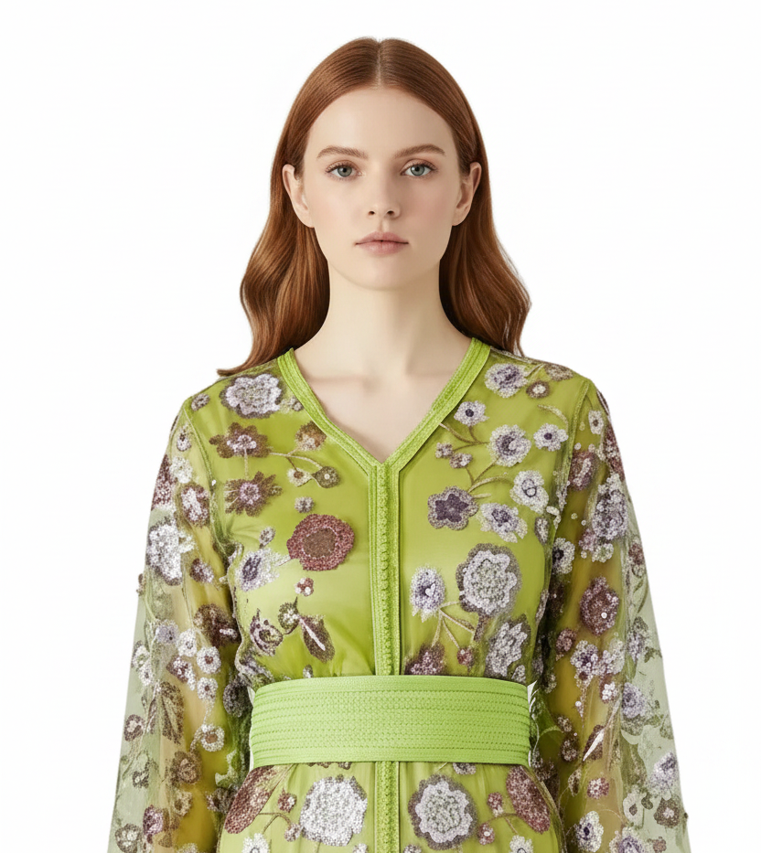 Woman wearing a green floral dress with a belt on a white background