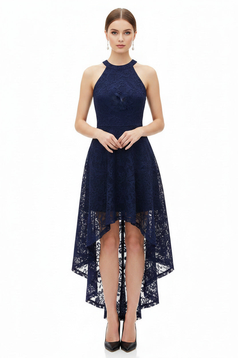 Navy blue lace dress with high-low hem on a white background
