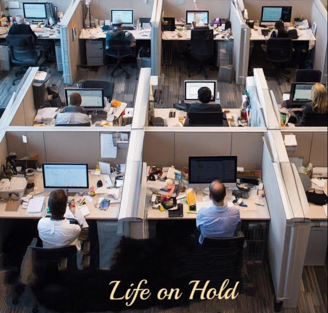 Overhead view of an office with employees working at their desks, with a text overlay 'Life on Hold'.