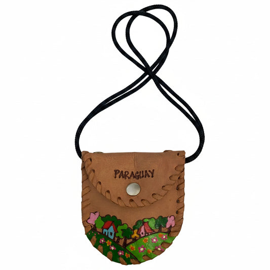 A small genuine leather pouch with a dark brown cord strap, featuring the word 'PARAGUAY' stitched on the front and a colorful hand-painted landscape design near the bottom.