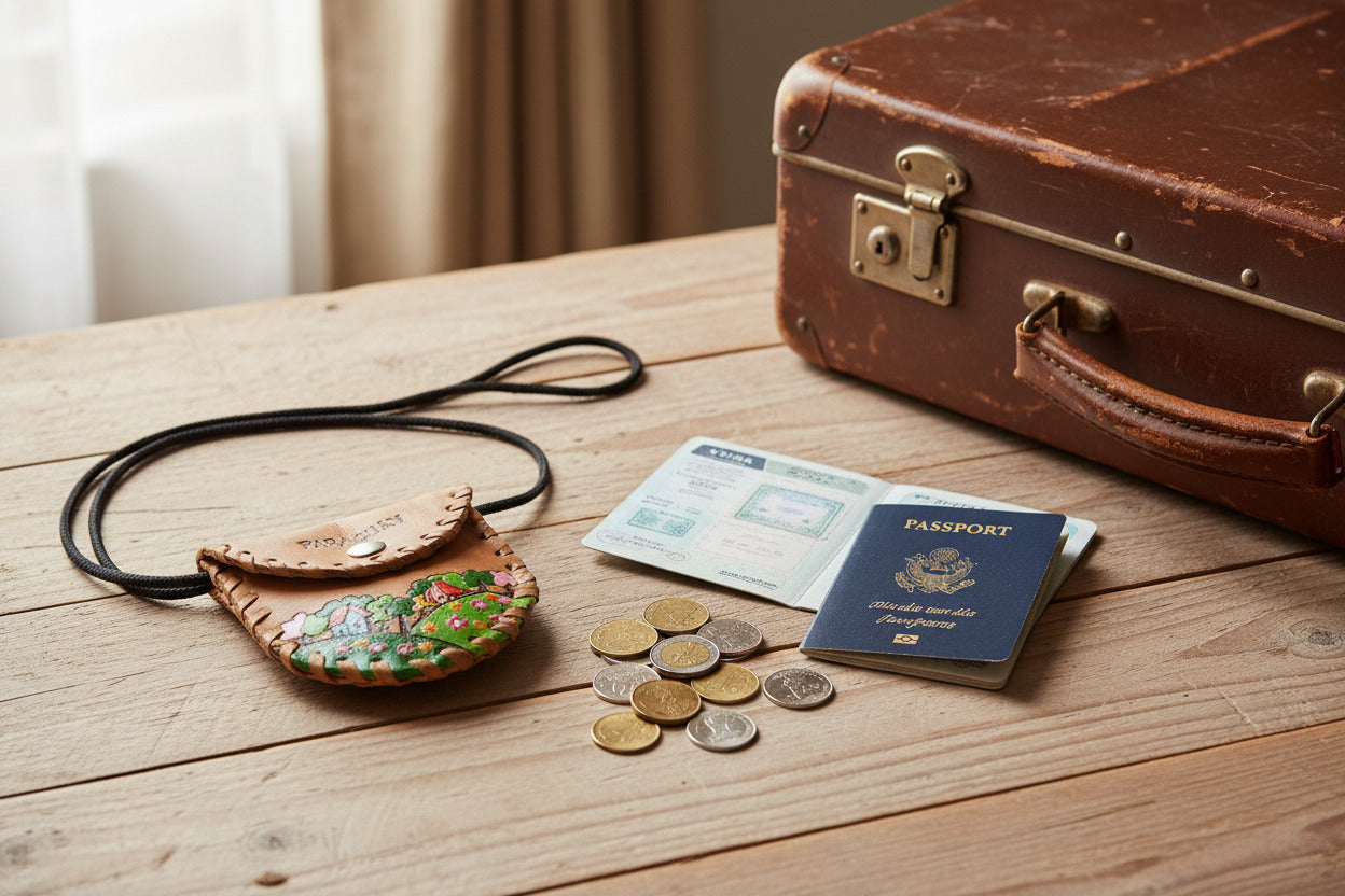 A small genuine leather pouch with a dark brown cord strap, featuring the word 'PARAGUAY' stitched on the front and a colorful hand-painted landscape design near the bottom.  Purse is displayed on a table featuring coins and a suitcase.