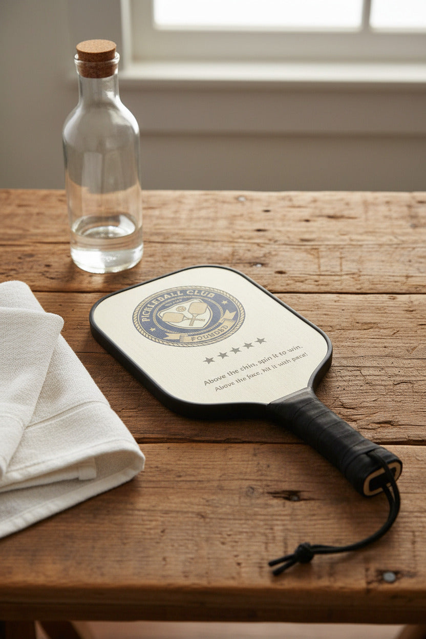A pickleball paddle with a design and text, on a white background.