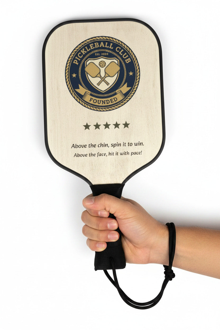 A hand holding a  pickleball paddle with a design and text, on a white background--TTP