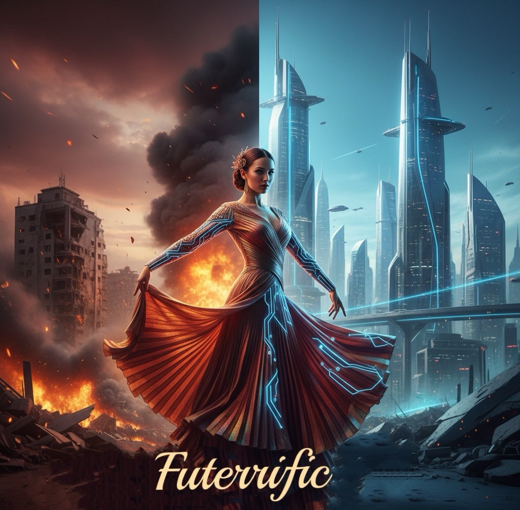 Woman in a futuristic dress with a dystopian cityscape and advanced technology in the background.
