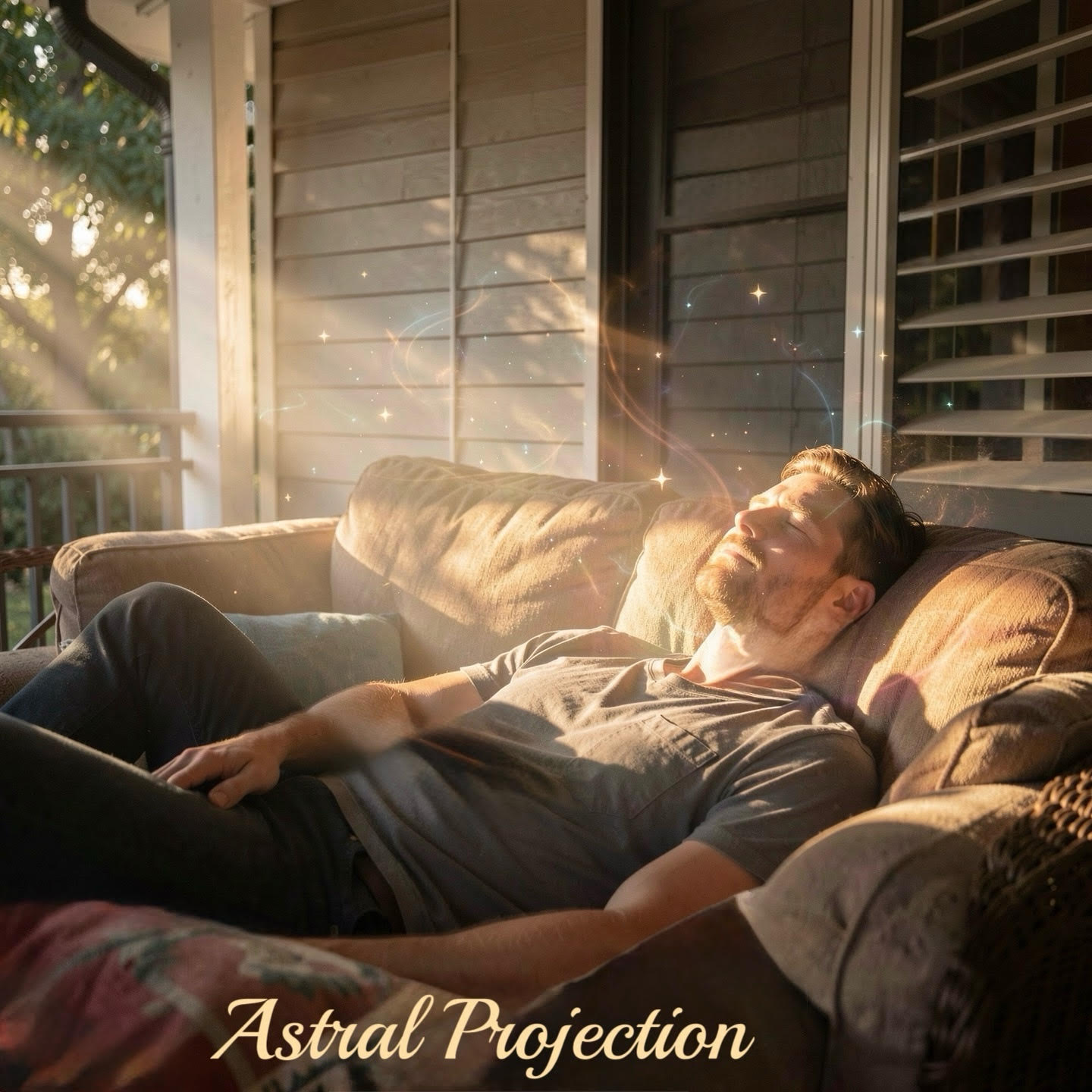 Man lying on a couch with 'Astral Projection' text overlay