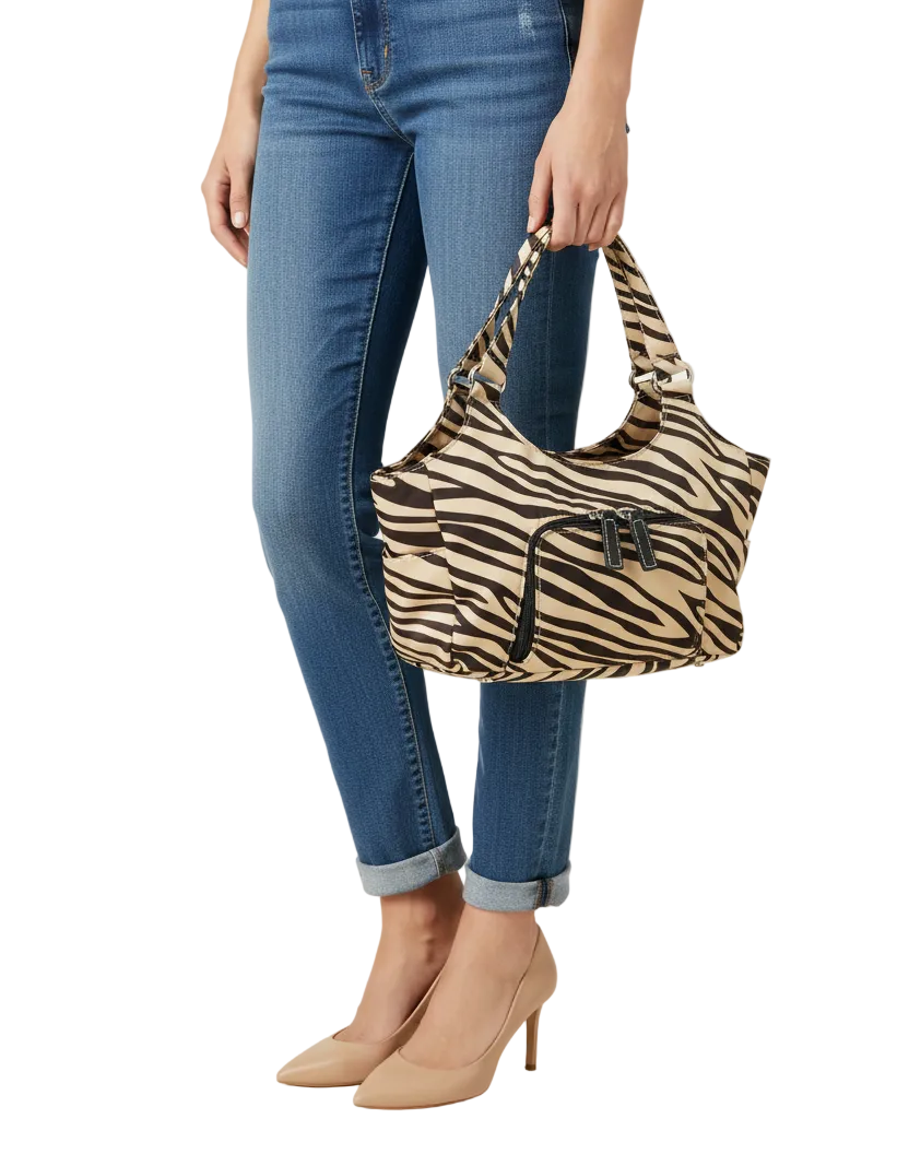 zebra bag with an outside two zipper pocket. 